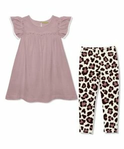 Deals 💯 Millie Loves Lily Dusty Pink Gauze Ruffle-Sleeve A-Line 👗 Dress & Simply Leopard Leggings - Infant, Toddler & 👧 Girls For Kids 🛒