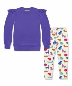Budget 🔥 Millie Loves Lily Blue Iris Ruffle-Trim French Terry Sweatshirt & Cream Kitties Leggings - Infant, Toddler & 👧 Girls For Kids 😉