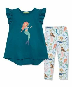 Wholesale 🌟 Millie Loves Lily Teal Angel-Sleeve Hi-Low Top & Coral Reef Mermaid Leggings - Infant, Toddler & 👧 Girls For Kids 🥰