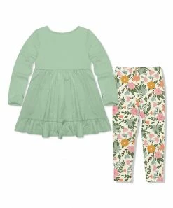 New 🌟 Millie Loves Lily Sage Long-Sleeve Babydoll Top & White & Sage Millie Flower Leggings - Infant, Toddler & 👧 Girls For Kids 🎉 -Little Millie-shop zu107365184 alt 2 tm1657825643