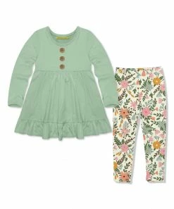 New 🌟 Millie Loves Lily Sage Long-Sleeve Babydoll Top & White & Sage Millie Flower Leggings - Infant, Toddler & 👧 Girls For Kids 🎉