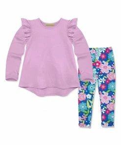 Hot Sale 👏 Millie Loves Lily Lilac Ruffle Hi-Low Top & Blue Flower Sparkle Leggings - Infant, Toddler & 👧 Girls For Kids 🛒