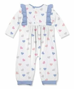 New 🧨 Little Millie White & Periwinkle Hearts Ruffle-Accent Long-Sleeve Playsuit - Infant For Baby & Maternity 😉 -Little Millie-shop zu107500306 alt 2 tm1660240698