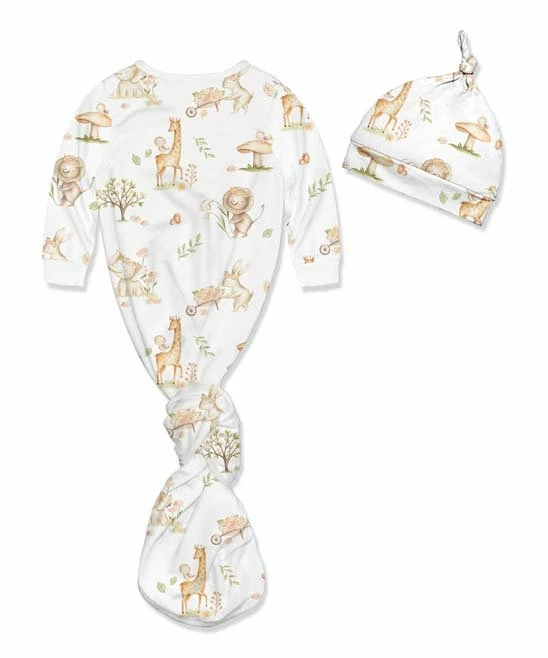 Discount π Little Millie White & Brown Safari Sam Knotted Gown & Knot-Tie Beanie - Newborn For Baby & Maternity π 3 Discount π Little Millie White & Brown Safari Sam Knotted Gown & Knot-Tie Beanie - Newborn For Baby & Maternity π - Image 3