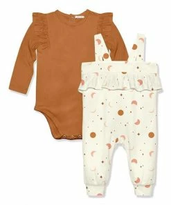 Buy ⌛ Little Millie Rust Ruffle-Accent Bodysuit & Cream Moon Star Overalls - Infant & Toddler For Kids 🌟