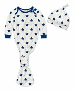 Best Pirce 🌟 Little Millie Cream & Cobalt Stars Knotted Gown & Knot-Tie Beanie - Newborn For Baby & Maternity 🧨