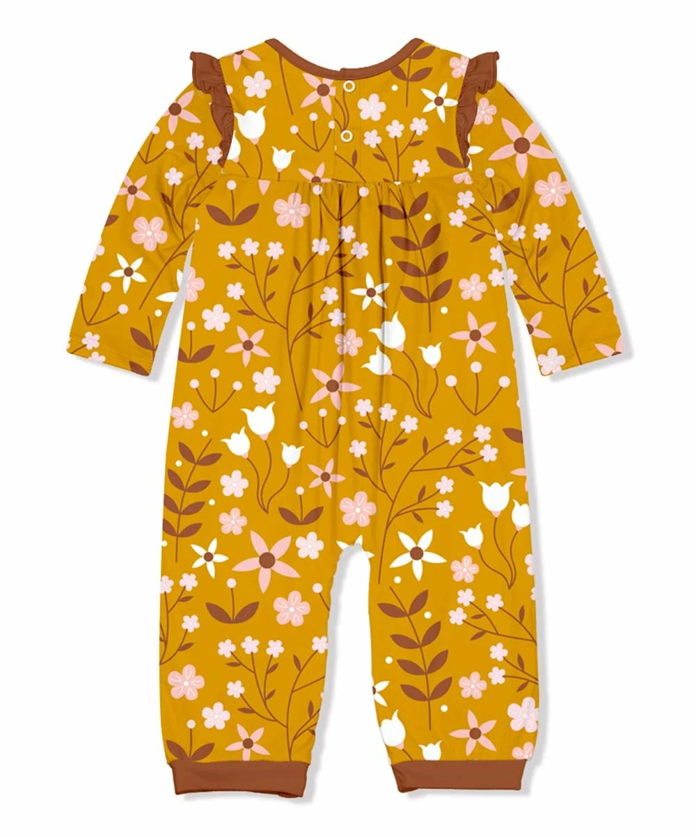 Wholesale π€© Little Millie Marigold & Dark Brown Buttercup Floral Ruffle-Trim Playsuit - Infant For Baby & Maternity π 3 Wholesale π€© Little Millie Marigold & Dark Brown Buttercup Floral Ruffle-Trim Playsuit - Infant For Baby & Maternity π - Image 3