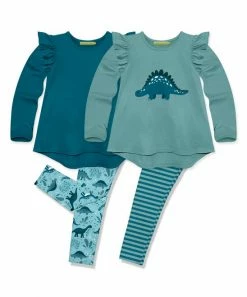 Hot Sale 🥰 Millie Loves Lily Teal & Nile Blue Roaming Dino Long-Sleeve Hi-Low Top Set - Infant, Toddler & 👧 Girls For Kids ✨