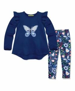 Brand new ✨ Millie Loves Lily Navy Ruffle Long-Sleeve Top & Navy Butterfly Garden Leggings - Infant, Toddler & 👧 Girls For Kids 😍