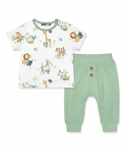 Buy 🤩 Little Millie White Animals Snap-Shoulder Tee & Sage Joggers - Infant For Baby & Maternity 🧨