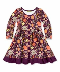 Best Pirce 🥰 Millie+ By Millie Loves Lily Burgundy Sparrow Floral Button-Accent Long-Sleeve A-Line 👗 Dress - 👧 Girls For Kids ⭐