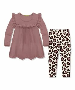 Best Pirce 🛒 Millie Loves Lily Rose Ruffle Long-Sleeve Top & Beige Leopard Leggings - Infant, Toddler & 👧 Girls For Kids 💯