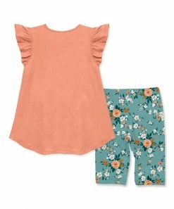 Coupon 🛒 Millie Loves Lily Coral Angel-Sleeve Top & Blue Floral Garden Bike Shorts - Toddler & 👧 Girls For Kids 🎁 -Little Millie-shop zu107797843 alt 2 tm1661864954
