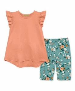 Coupon 🛒 Millie Loves Lily Coral Angel-Sleeve Top & Blue Floral Garden Bike Shorts - Toddler & 👧 Girls For Kids 🎁
