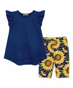 Best Sale 🧨 Millie+ By Millie Loves Lily Navy Angel-Sleeve Top & Yellow Sunflower Bike Shorts - 👧 Girls For Kids ✨