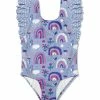 Best deal 🎁 Millie Loves Lily Periwinkle Spring Rainbow Ruffle-Sleeve One-Piece - 👧 Girls For Kids 👏
