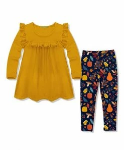 Discount 🥰 Millie Loves Lily Marigold Ruffle Long-Sleeve Top & Navy Pumpkin Forest Leggings - Toddler & 👧 Girls For Kids ❤️