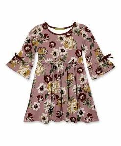 Promo 🥰 Millie Loves Lily Mauve Floral Bow Bell-Sleeve A-Line 👗 Dress - 👧 Girls For Kids ❤️