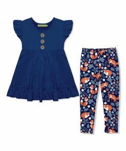 Coupon 🧨 Millie Loves Lily Navy Angel-Sleeve Babydoll Top & Navy Fox Trot Leggings - 👧 Girls For Kids 😀