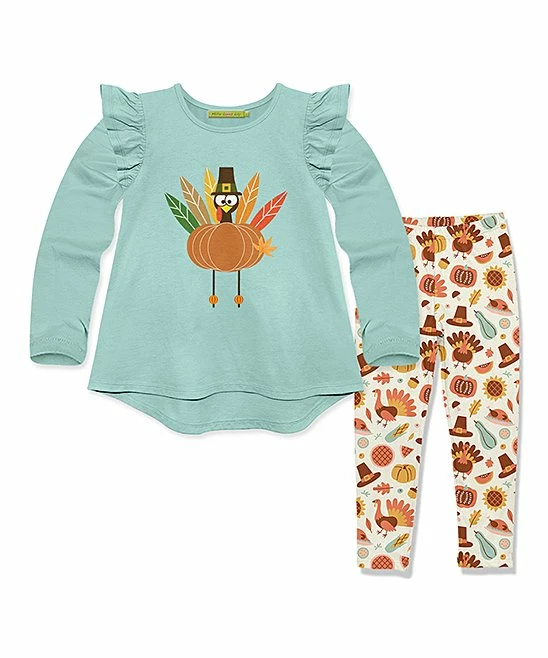 Flash Sale π Millie Loves Lily Mint Turkey Angel-Sleeve Top & Cream Turkey Leggings - Toddler & π§ Girls For Kids π₯ 1 Flash Sale π Millie Loves Lily Mint Turkey Angel-Sleeve Top & Cream Turkey Leggings - Toddler & π§ Girls For Kids π₯