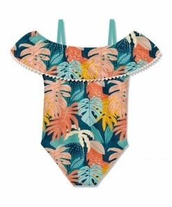 Cheapest ✔️ Millie Loves Lily Teal & Peach Tropical Jungle Ruffle Off-Shoulder One-Piece - 👧 Girls For Kids ⭐ -Little Millie-shop zu107807207 alt 2 tm1662142310