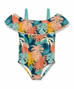 Cheapest ✔️ Millie Loves Lily Teal & Peach Tropical Jungle Ruffle Off-Shoulder One-Piece - 👧 Girls For Kids ⭐