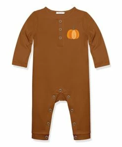 Outlet ❤️ Little Millie Caramel Café Pumpkin French Terry Button-Front Playsuit - Infant For Baby & Maternity 😀