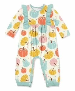 Outlet 💯 Little Millie Cream & Pink Pumpkins Of All Colors Ruffle-Trim Playsuit - Infant For Kids 🌟