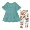 Hot Sale 🛒 Millie Loves Lily Nile Blue Trumpet-Sleeve Babydoll 👗 Dress & Autumn Florals Leggings - Infant, Toddler & 👧 Girls For Kids 🔥