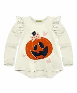 Cheapest 😉 Millie Loves Lily Cream & Orange Pumpkin Face Ruffle Long-Sleeve Hi-Low Top - 👧 Girls For Kids 🤩