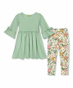 Best Sale 🔥 Millie Loves Lily Sage Trumpet-Sleeve A-Line 👗 Dress & Millie Floral Leggings - Infant, Toddler & 👧 Girls For Kids ⌛