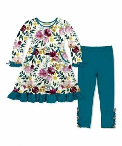 Buy 😉 Millie Loves Lily Cream Fall Petals Bow Pocket A-Line 👗 Dress & Teal Button Leggings - Infant, Toddler & 👧 Girls For Kids 🤩