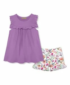 Best deal 🔥 Millie Loves Lily Purple Ruffle Babydoll Top & Green Floral Ruffle Shorts - Toddler & 👧 Girls For Kids 🎁
