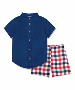 Outlet ✨ Millie & Maxx Navy Short-Sleeve Button-Up & Red Americana Plaid Pocket Shorts - Toddler & Boys For Kids ⌛