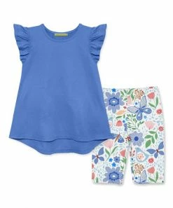 Cheap 👏 Millie Loves Lily Marina Blue Angel-Sleeve Hi-Low Top & Butterfly Garden Bike Shorts - Toddler & 👧 Girls For Kids 🥰