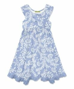 Discount 🔥 Millie Loves Lily Periwinkle & White Vine Floral Bow Ruffle-Hem Angel-Sleeve 👗 Dress - Toddler & 👧 Girls For Kids 🔔