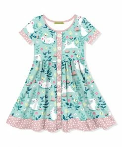 Best Pirce 🔔 Millie Loves Lily Mint & White Floral Bunnies & Lambs Button-Front A-Line 👗 Dress - Toddler & 👧 Girls For Kids 😍