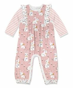 Deals 💯 Little Millie Pink & White Bunny Ruffle-Trim Playsuit - Infant & Toddler For Kids ❤️