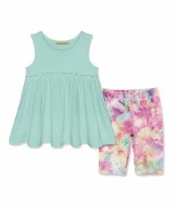 Buy 😉 Millie Loves Lily Mint Sleeveless Ruffle Babydoll Top & Pastel Tie-Dye Bike Shorts - Toddler & 👧 Girls For Kids 🔥