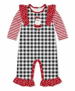 Flash Sale 👏 Little Millie Black & White Buffalo Check Santa Ruffle-Trim Playsuit - Infant For Baby & Maternity 🛒