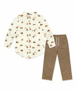 Best reviews of ❤️ Millie & Maxx Cream Roadwork Button-Up & Brown Drawstring Straight-Leg Pants - Toddler & Boys For Kids 👏