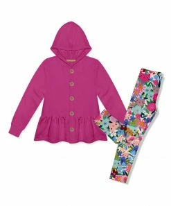 Promo ✨ Millie Loves Lily Rose Violet Ruffle-Hem Button-Up Hoodie & Kitten Floral Leggings - 👧 Girls For Kids ✔️
