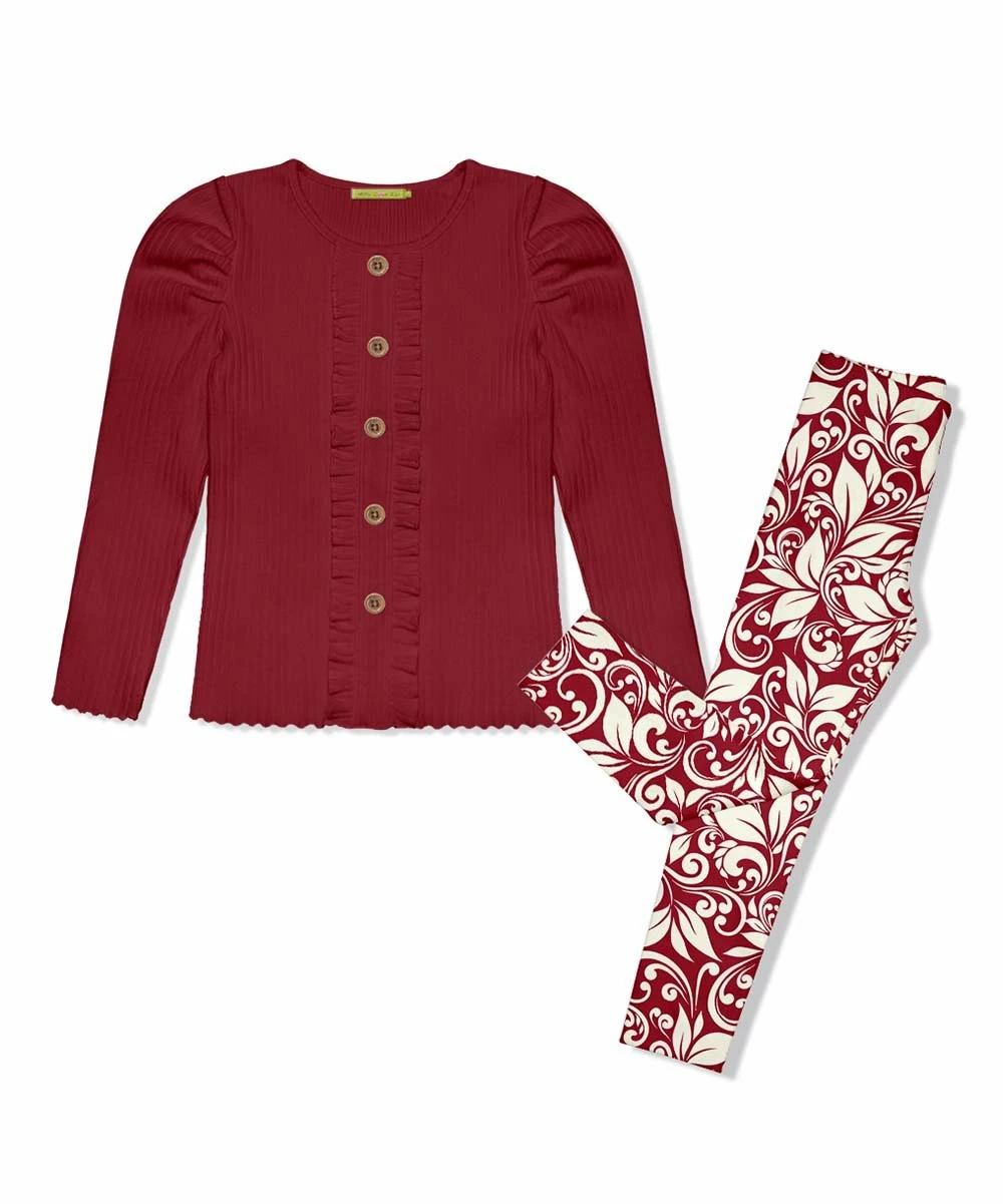 Outlet π₯° Millie Loves Lily Red Ribbed Button-Up Top & Red Holiday Swirl Leggings - π§ Girls For Kids π 1 Outlet π₯° Millie Loves Lily Red Ribbed Button-Up Top & Red Holiday Swirl Leggings - π§ Girls For Kids π