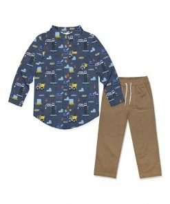 Cheap 🎉 Millie & Maxx Dusty Navy Truckload Button-Up & Brown Drawstring Straight-Leg Pants - Toddler & Boys For Kids 👏
