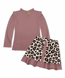 Buy 🧨 Millie Loves Lily Nostalgia Rose Ribbed Long-Sleeve Top & Leopard A-Line 👗 Skirt - Toddler & 👧 Girls For Kids ✔️