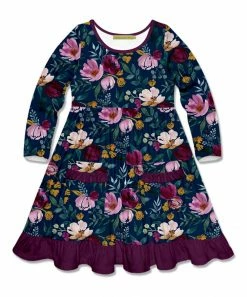 Coupon 🥰 Millie Loves Lily Navy Fall Petals Pocket Long-Sleeve A-Line 👗 Dress - 👧 Girls For Kids 😉