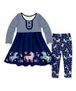 Cheapest 👍 Millie Loves Lily Navy Unicorn Playground Button-Accent A-Line 👗 Dress & Leggings - Infant, Toddler & 👧 Girls For Kids ✨