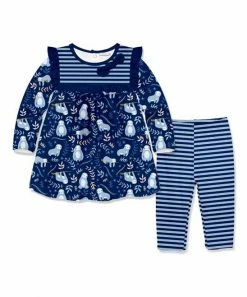Deals 🤩 Little Millie Navy Sam Sloth Ruffle-Accent Tunic & Stripe Leggings - Infant & Toddler For Kids 🛒