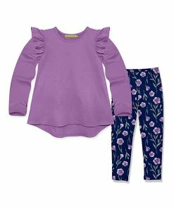 Cheapest 👍 Millie Loves Lily Purple Ruffle-Sleeve Hi-Low Top & Navy Floral Petal Leggings - Infant, Toddler & 👧 Girls For Kids ❤️