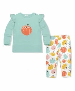 Brand new 👏 Little Millie Mint Pumpkin Angel-Sleeve Top & White Pumpkins Leggings - Infant & Toddler For Kids 👍